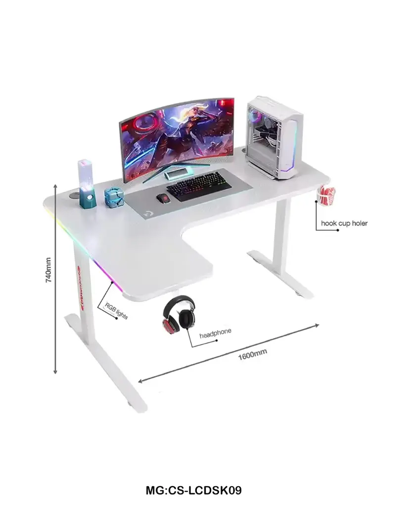 Corner L-Shaped Gaming Desk with RGB Lights | 160cm Gaming Workstation | Cup Holder & Headphone Hook"CS-LCDSK09" 