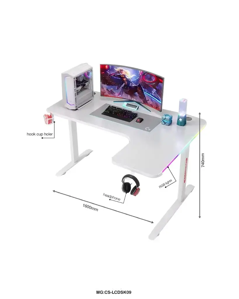 Corner L-Shaped Gaming Desk with RGB Lights | 160cm Gaming Workstation | Cup Holder & Headphone Hook"CS-LCDSK09" 