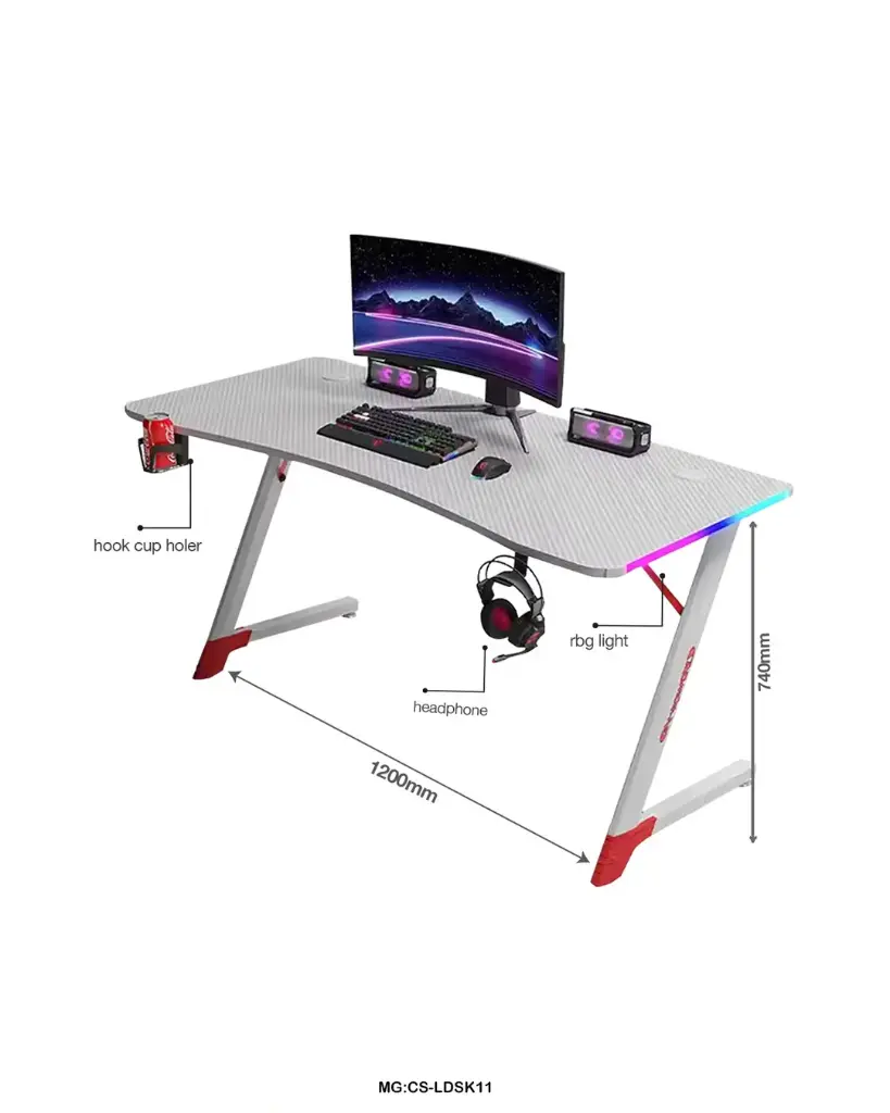 [CS-LDSK11-w] Z-Shaped Gaming Desk with RGB Lights | 120cm Gaming Table with Headphone & Cup Holder "CS-LDSK11"  (white)
