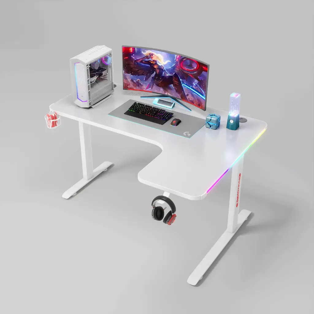 [LCDSK13-w] Corner L-Shaped Gaming Desk with RGB Lights | 160cm Gaming Workstation | Cup Holder & Headphone Hook"CS-LCDSK13" (white)