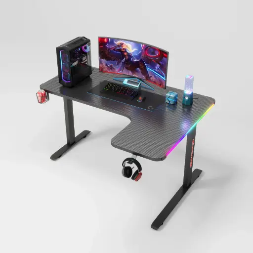 Corner L-Shaped Gaming Desk with RGB Lights | 160cm Gaming Workstation | Cup Holder & Headphone Hook"CS-LCDSK13"