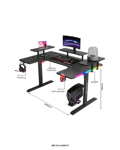 Racing-Inspired RGB Gaming Desk | 160cm Gaming Workstation with Multi-Level Shelves "CS-LUDSK12"